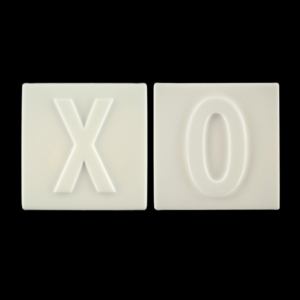 Two white squares with a large X and large O